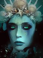 aqua woman, mermaid wearing crown, digital art