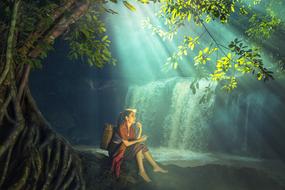 young Asian Woman sits at waterfall, digital art