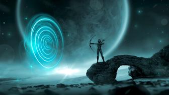 Fantasy Planet, digital art, Archer on rock at starry sky