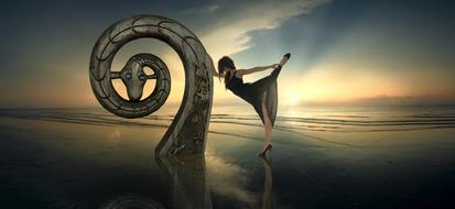 woman posing at art object on beach, digital art