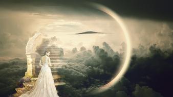 Beautiful drawing of the landscape with the woman in white dress on the Heaven stairs