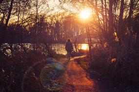Woman, walking on the beautiful path, near the lake, among the trees, at colorful and beautiful sunset in the sky