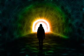 silhouette of woman walking through dark tunnel to light, digital art