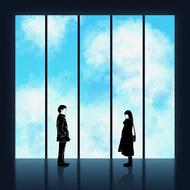 Boyd and girl drawing near the window with blue sky with white clouds on background