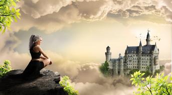 warrior girl on a rock in the background of a medieval castle