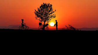 human silhouettes at sunset sky drawing