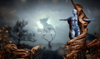 surreal image of a female robot in a tree against the background of the night sky