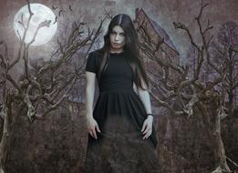 Vampire, girl in black dress at dark landscape