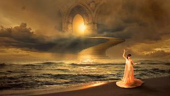 Beautiful and colorful drawing of the girl in dress, on the beach, near the stairs to the beautiful architecture, clipart