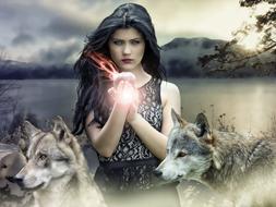 mystical collage, girl and wolves on the shore of a mountain lake