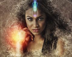 photo portrait of a beautiful model with magic symbols