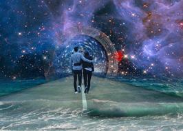 couple in love walks through the cyber galaxy