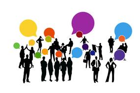 feedback, silhouettes of businessmen with colorful bubbles, drawing