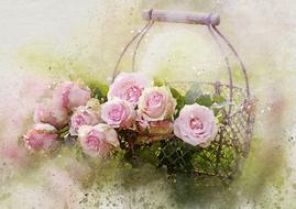 vintage watercolor painting, digital art, roses in basket