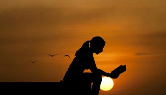 silhouette of girl Reading book at sunset, collage