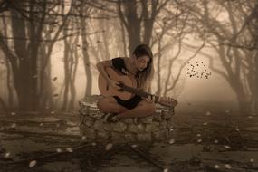 girl is sitting with a guitar on a well in a mystical forest