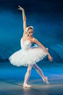 Ballerina in white dress, dancing on the stage, on the Swan Lake performance