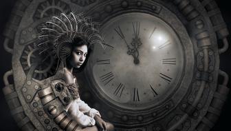 girl and clock in a surreal landscape
