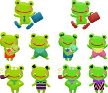 collage of cartoon green frogs
