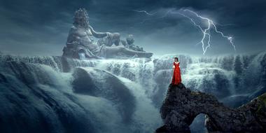 mystical image of a girl in a red dress on a rock on the background of a waterfall and a statue of Neptune