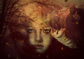 surreal portrait of a sad girl and leaf fall