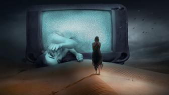 loneliness, Fantasy, Woman in front of tv in desert
