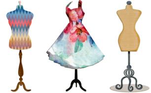 Colorful and beautiful, patterned clothing on the mannequin, at white background, on clipart