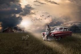 painted girl sitting on the hood of a retro car on a farm field