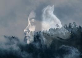 Girlâs and Wolfâs heads at foggy forest, collage