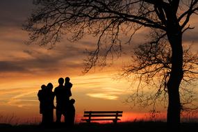 Silhouette of the family, near the bench, near the tree, on the landscape, at colorful and beautiful sunset