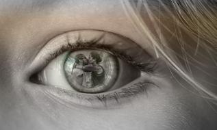 kissing Couple in girlâs eye, collage