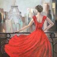 young woman in luxury red dress stands at railing in front of paris landmarks, artwork