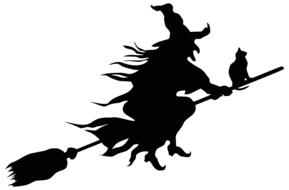 witch and cat in flight on broom, silhouette