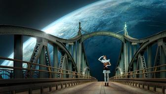 mystical image of a girl on a bridge against the background of the planet