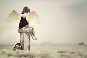 painted girl with wings sits on a chimney above the clouds