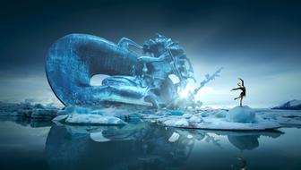 Woman, on the beautiful ice sculptures, among the water, at cloudy sky