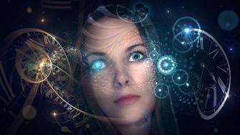 digital Fantasy, Portrait of young girl with Clock at face