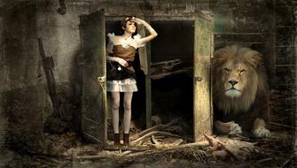 Woman and Lion in lapsed building, fantasy