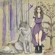 watercolor drawing of a girl with a wolf