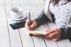 Girl, pen, note and coffee