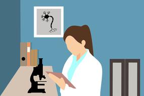 Clipart with the woman doctor, doing research with the microscope