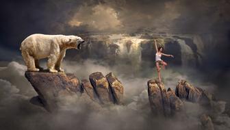 Beautiful Polar bear and woman on the rocks, among the clouds, near the waterfall, clipart