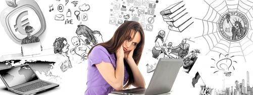 Woman using laptop for multitasking, on clipart