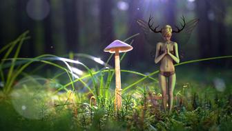 mystical image of elf and toadstool on forest grass