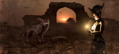 Beautiful and colorful landscape with the woman with light and wolf, near the archway