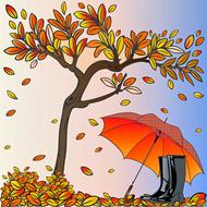 painted autumn tree, umbrella and rubber boots
