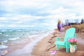 Seaside Beach Woman Walking and green chair