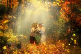 three young girls in forest at fall under the light, digital art