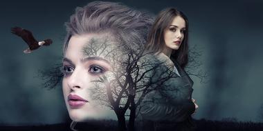 mystical photo portraits of girls against the background of the night sky and a flying eagle