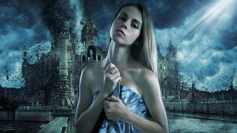 Beautiful, posing blonde woman in blue dress, near the castle, under the cloudy sky with light, clipart